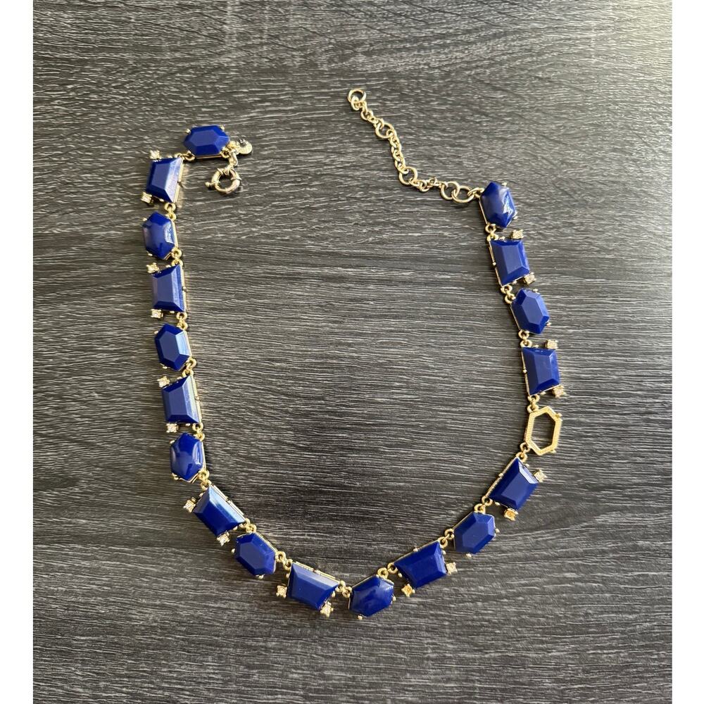 J Crew Blue‎ And Gold Tone Statement Necklace With Rhinestones - Picture 3 of 5